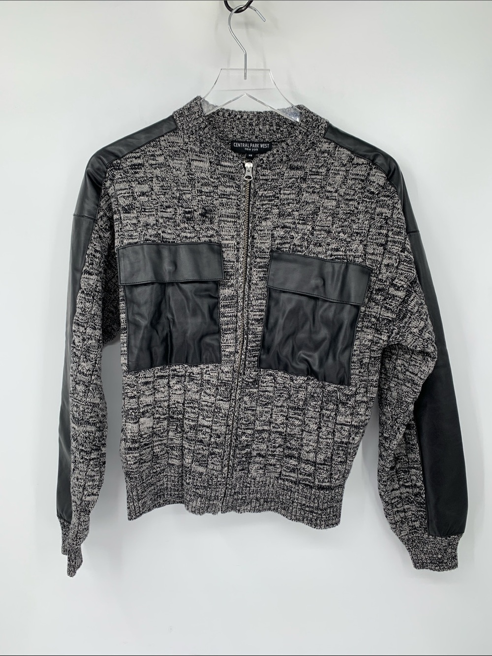 Central West zipper cardigan sweater jacket marled faux leather trim black XS